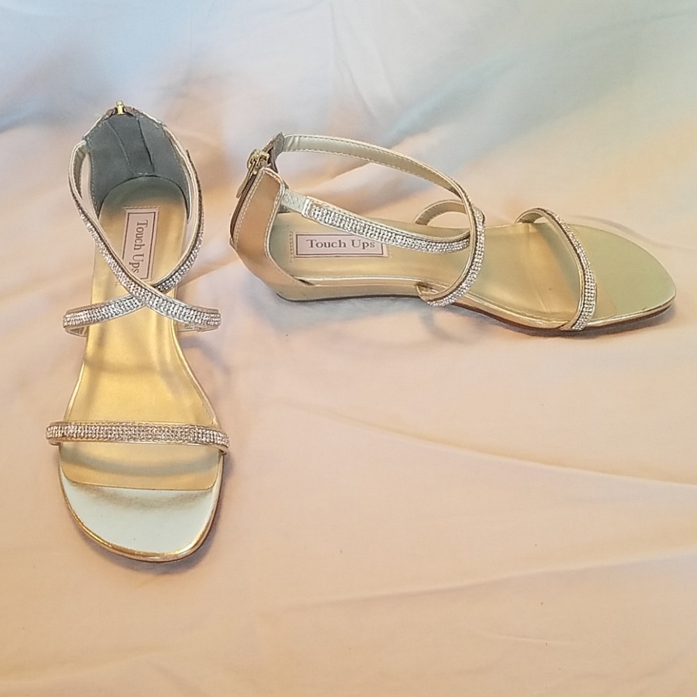 Gold Rhinestone Strappy Very Low Wedge Sandals